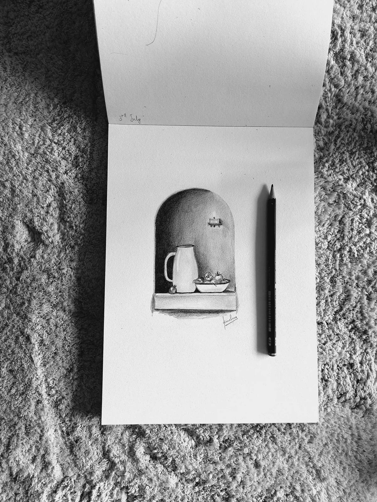 Arched Niche Still Life, pencil sketch by Krushna
