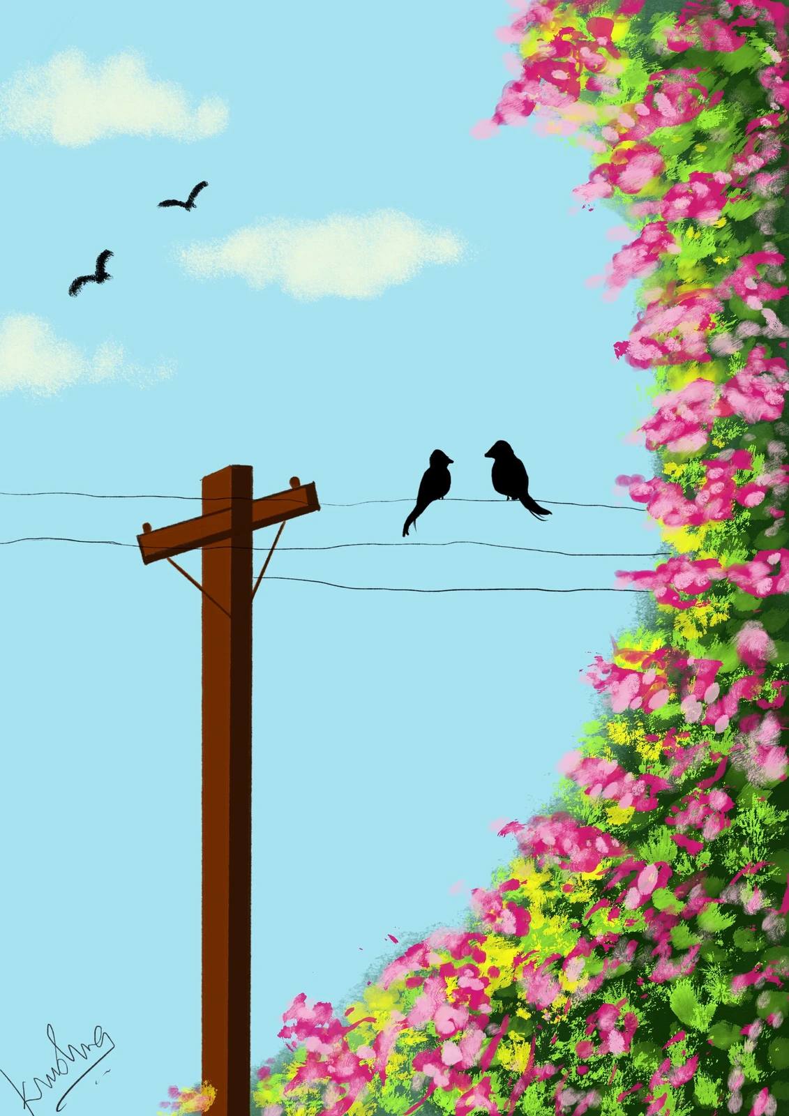 Bougainvillea and Birds on a Wire, digital artwork by Krushna