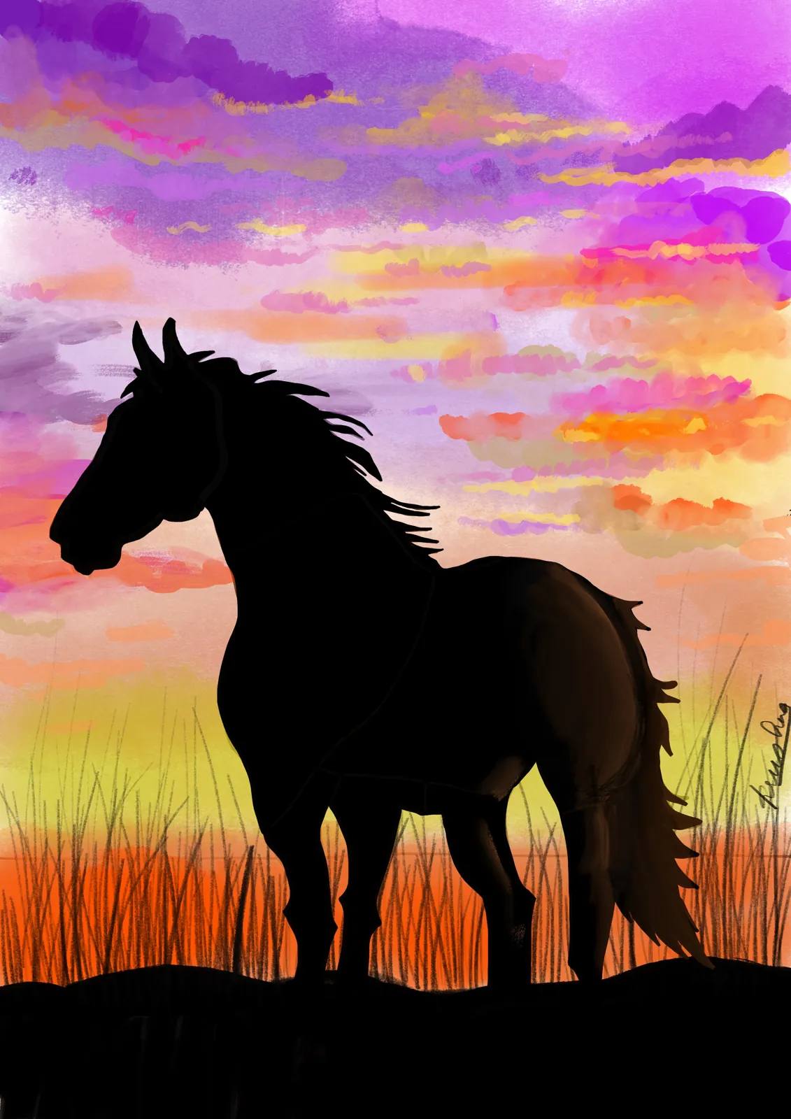 Horse at Sunset, digital artwork by Krushna