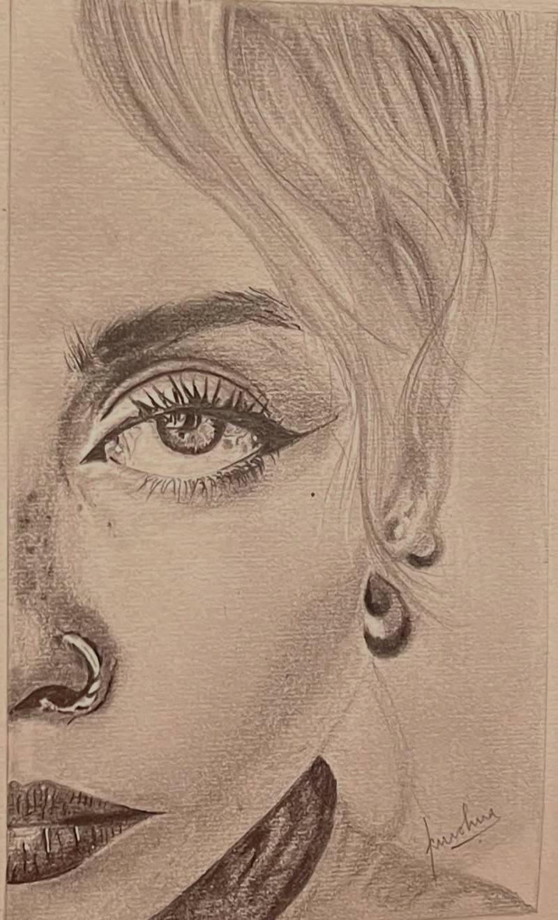 Pencil drawing of half a woman's face: a lined eye, a curl of hair, a nose ring and an earring, signed lower right.