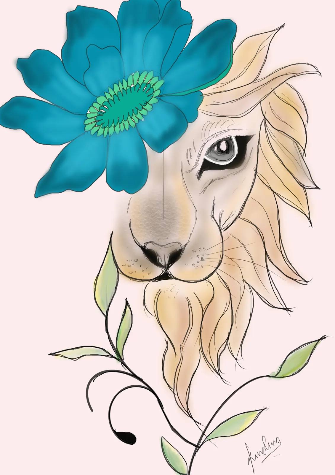 Lion with a Blue Flower, digital artwork by Krushna