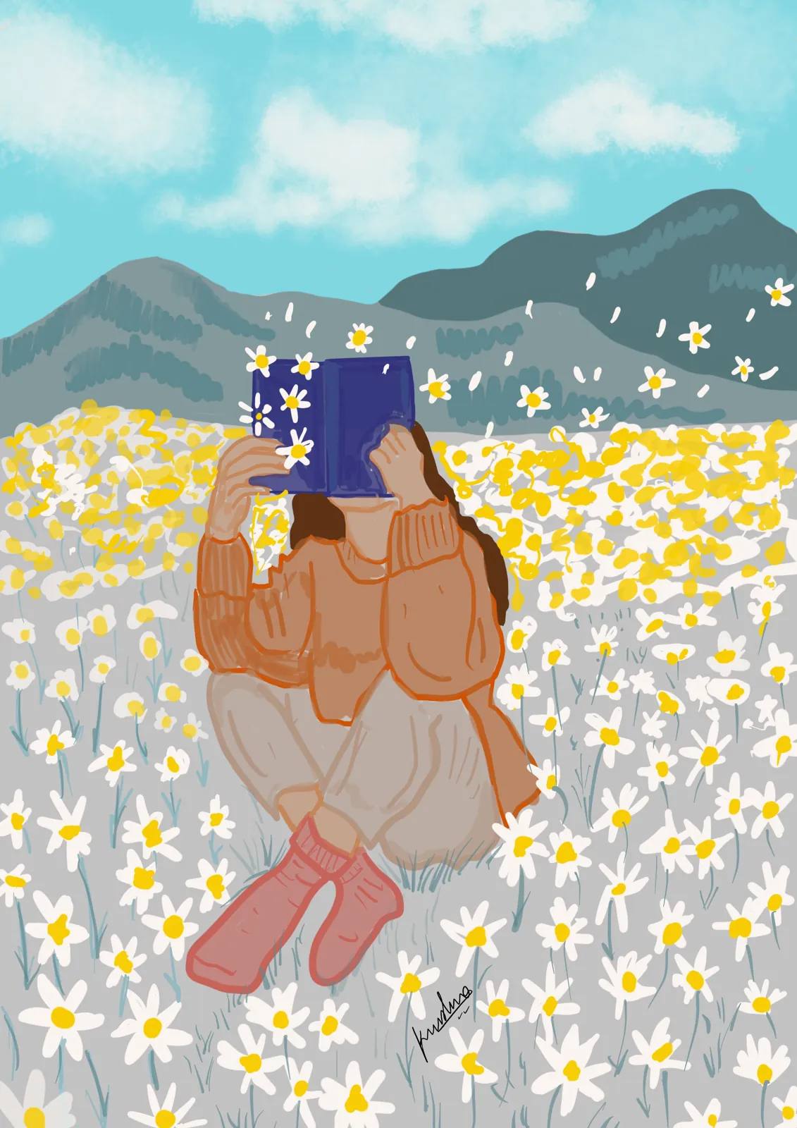 Reading in the Daisies, digital artwork by Krushna