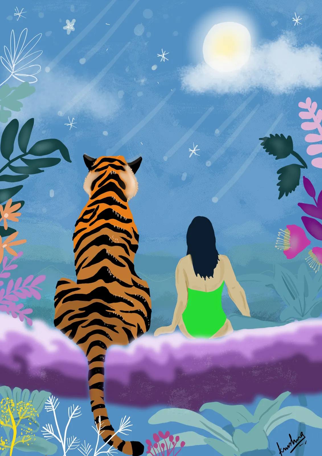 Tiger and Girl by Moonlight, digital artwork by Krushna