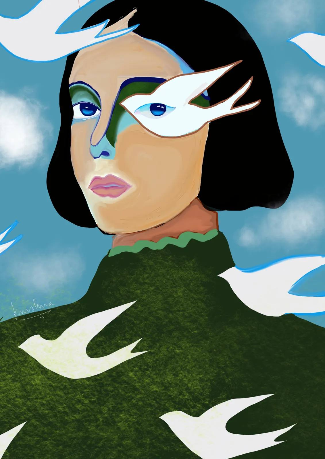 Woman with Doves, digital artwork by Krushna
