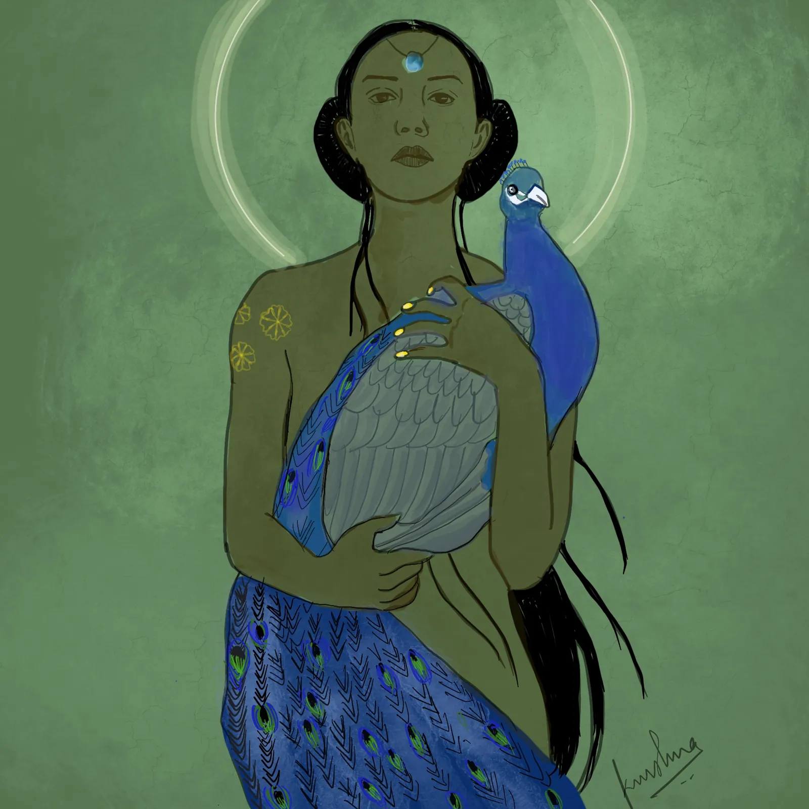 Woman with a Peacock, digital artwork by Krushna